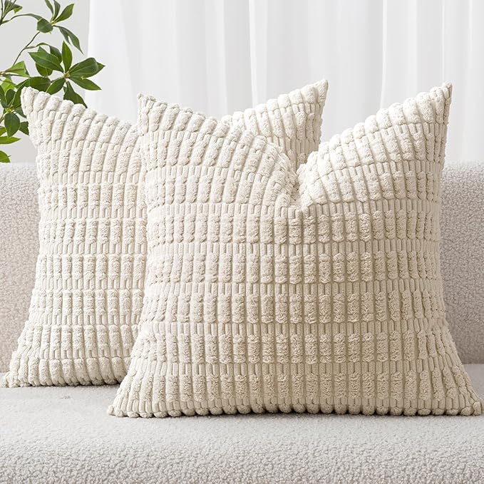 MIULEE Pack of 2 Corduroy Decorative Throw Pillow Covers 20x20 Inch Soft Boho Striped Pillow Covers Modern Farmhouse Home Decor for Sofa Living Room Couch Bed Cream White
