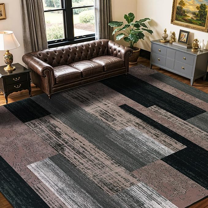 LIANLAM 10x14 Washable Area Rugs for Living Room and Bedroom, Vintage Checkered Pattern Non-Slip Carpet, Stain Resistant Low Pile Soft Rug for Dining Room,Office,Nursery,Kids Room(10x14,Chocolate)