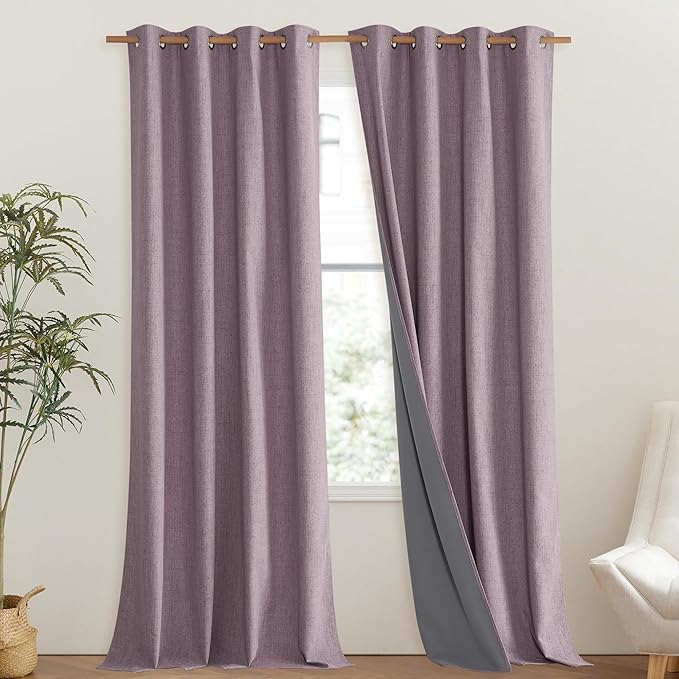 NICETOWN Chaise Mauve Vintage Linen 100% Blackout Curtains for Living Room, Thermal Insulated Curtains 95" Long, Noise Reducing Window Treatment Drapes for Bedroom, 52" Wide Per Panel, Set of 2