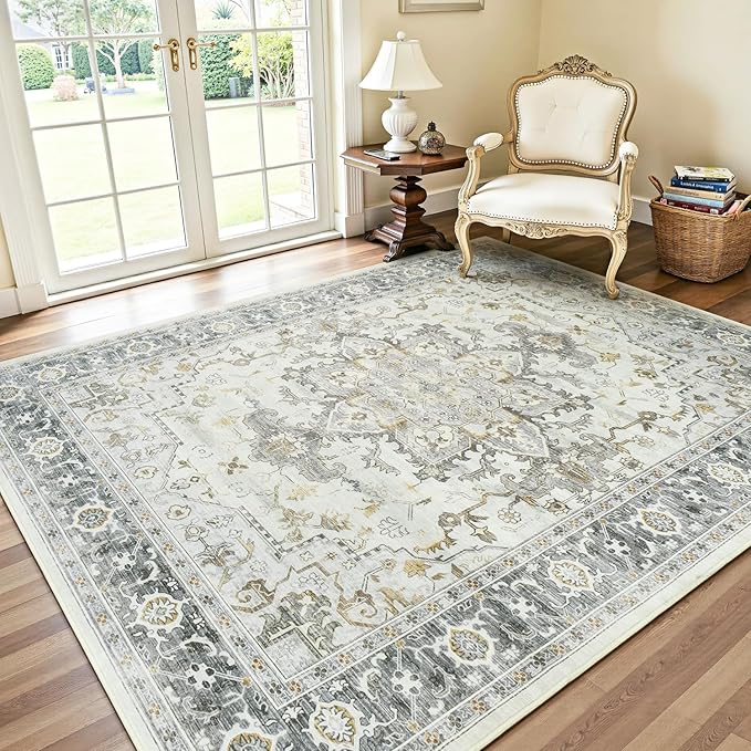 Lofus 5x7 Area Rugs for Living Room, Machine Washable Non-Slip Area Rug, Low Pile Large Rugs for Bedroom, Kitchen, Dining Room, Home Office, Vintage Oriental Print Rug, Taupe Grey