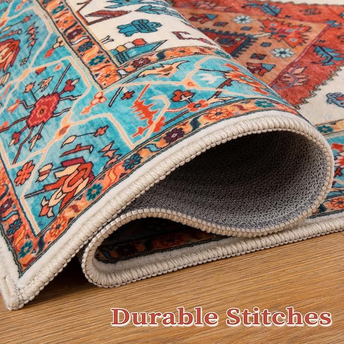 SERISSA Boho Area Rug 8x10 Orange, Washable Large Rugs for Living Room, Ultra Soft Non-Slip Bedroom Rug Print Distressed Vintage Tribal Farmhouse Carpet Rug for Dining Room Dorm Office Home Decor