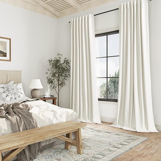 Guken 100% Blackout Linen Curtains 42 Inch Wide by 102 Inch 2 Panels Set for Living Room Bedroom Back Tab Thermal Insulated Black Out Linen Drapes Room Darkening Window Curtains, Ivory