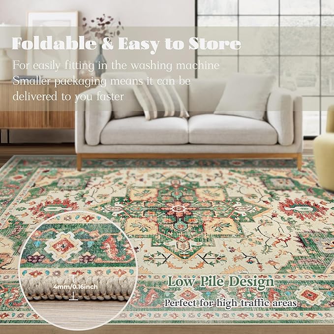 Area Rug 8x10 Washable Rug, Vintage Boho Medallion Rugs Non-Slip Soft Low Pile Large Distressed Rug Indoor Retro Carpet for Living Room Bedroom Dining Room Home Office (Green Beige, 8'x10')