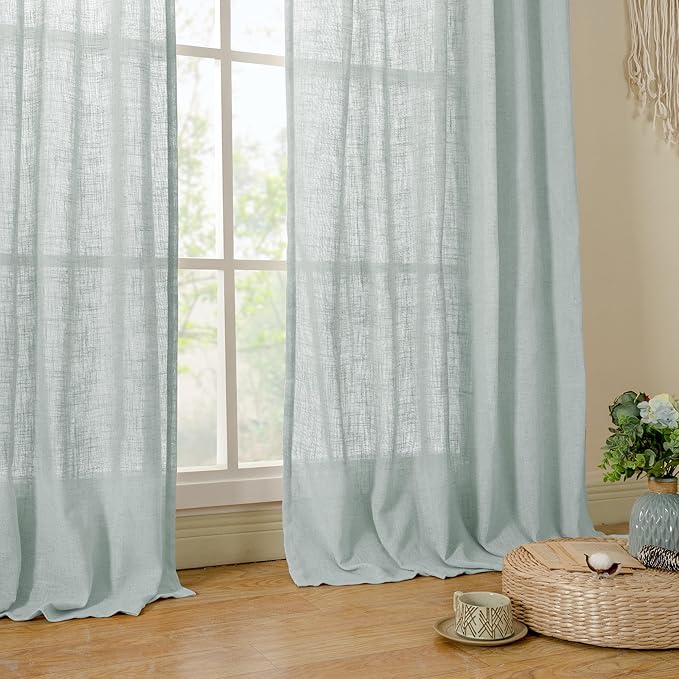 LAMIT Linen Curtains 108 Inches Long for Living Room, Bronze Grommet Linen Textured Sheer Curtains Light Filtering Curtains for Boho Farmhouse, 2 Panels, 52 x 108 Inch, Greyish Blue