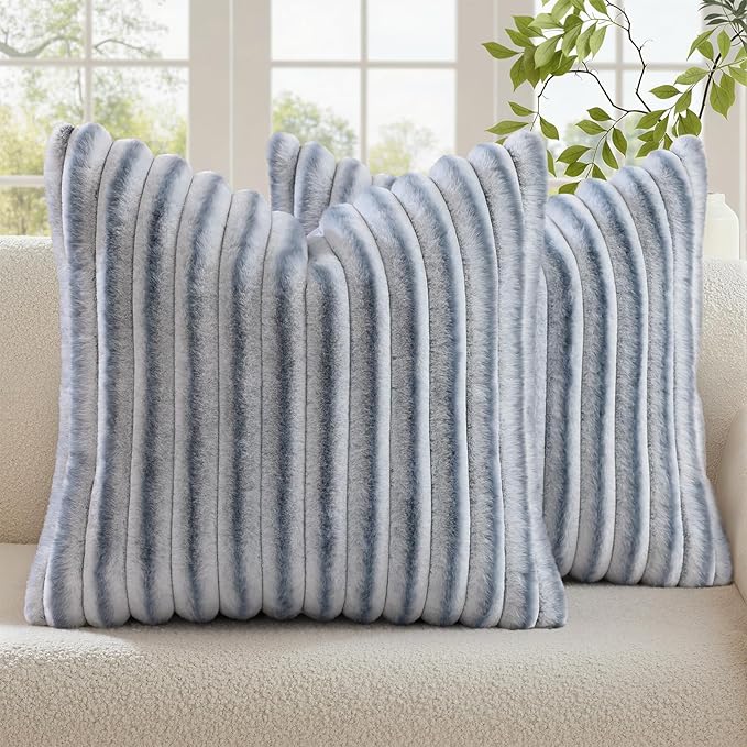 decorUhome Cozy Faux Fur Throw Pillow Covers 18x18 Set of 2 Decorative Soft Plush Striped Modern Farmhouse Boho Couch Pillow Cases with Velvet Back for Sofa Bed Living Room, Grey White