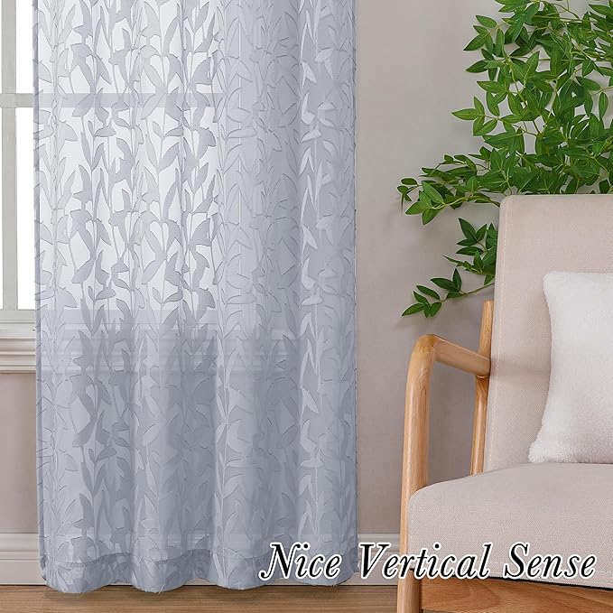 Lecloud Leia Light Grey Sheer Curtains 72 Inch Length 2 Panels, Airy & Breathable Clip Textured Leaf Voile Bedroom Living Room Curtains, Dual Rod Pockets Jacquard Gauzy Window Drapes, 40 W x 72 L