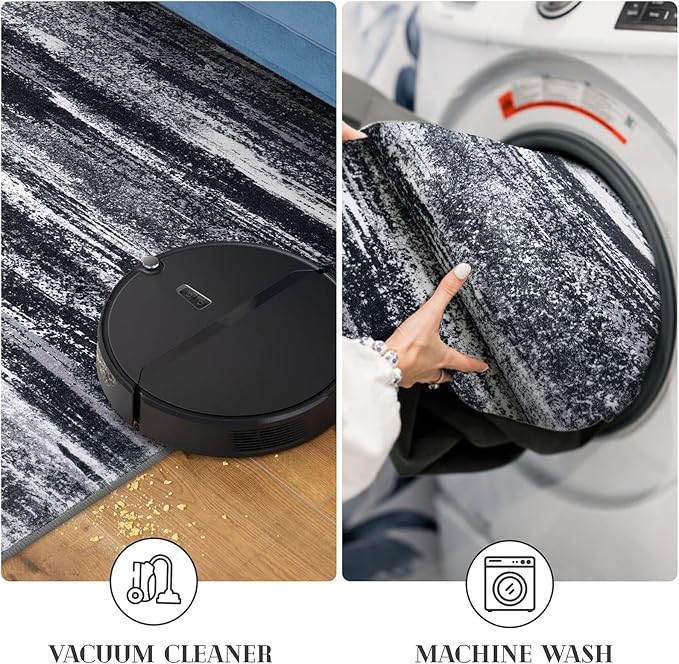 Lansny Modern Abstract Runner Rug 2x5, Black Grey Washable Kitchen Runner Entryway Rug Mat Non-Slip Soft Hallway Rug Runner Thin Print Faux Wool Carpet for Bedroom Laundry Room Indoor