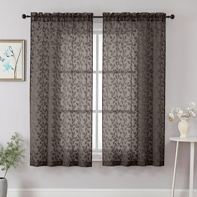Chyhomenyc Chocolate Sheer Curtains 63 Inch Length 2 Panels Set, Light Filtering Tufted Textured Soft Airy Rod Pocket Beautiful Leaf Window Treatment Drapes for Bedroom Living Room, 42" Wx63 L, 2PCS