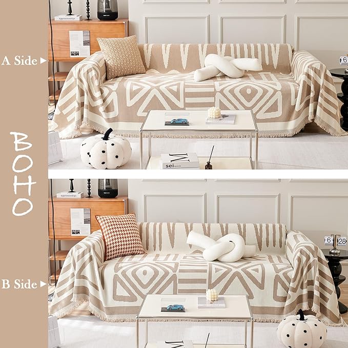 HANDONTIME Sofa Covers for Sectional Sofa Set Boho Couch Cover for Dogs Khaki Throw Couch Cover with Tassel Loveseat Covers Futon Cover L Shaped Cover Washable Chenille Couch Protector, 71" X134"