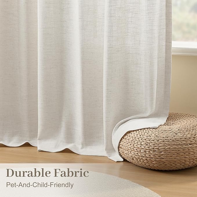 IVAPUPU Extra Width Pinch Pleated Curtains for Living Room, Linen Blend Sheer Curtain Pleated Light Filtering Privacy Back Tab Drapes with Hooks Rings for Sliding Door, 1 Panel, 70Wx84L, Beige White