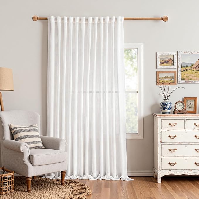 MYSKY HOME Floor to Ceiling Curtains 108 Inches White Sheer Window Drapes for Sliding Glass Door Back Tab Draperies Linen Look Boho Fabric, Soft Cotton Blend Light Filtering for Living Room, 1 Pcs