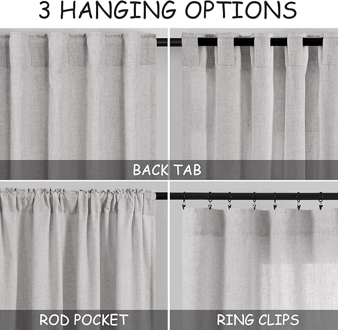 Nanspring Grey Linen Boho Curtains for Bedroom Back Tab Rod Pocket Semi Sheer Curtains 90 Inches Long 2 Panel Set Light Filtering Neutral Farmhouse Lightweight Drapes for Living Room 40x90