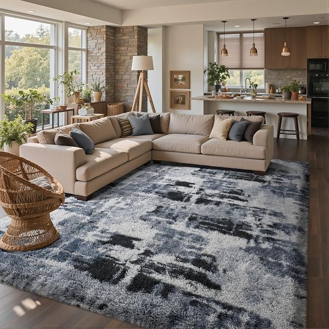 6x9 Ft Large Shag Rugs for Living Room Decor, Tie-Dyed Ultra Soft Fluffy Furry Area Rugs for Bedroom Indoor Floor, Aesthetic Carpet for Kids Home (Blue)
