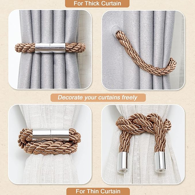 NICEEC 6 Pack Strong Magnetic Curtain Tiebacks Modern Simple Style Drape Tie Backs Convenient Decorative Weave Rope Curtain Holdbacks for Thin or Thick Home & Office Window Draperies (Light Coffee)