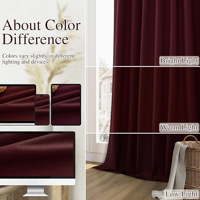 Guken 100% Blackout Curtains 63 Inch Length 2 Panels Set for Living Room Bedroom Back Tab Thermal Insulated Black Out Linen Drapes Room Darkening Window Curtains 63 Inches Long,Burgundy