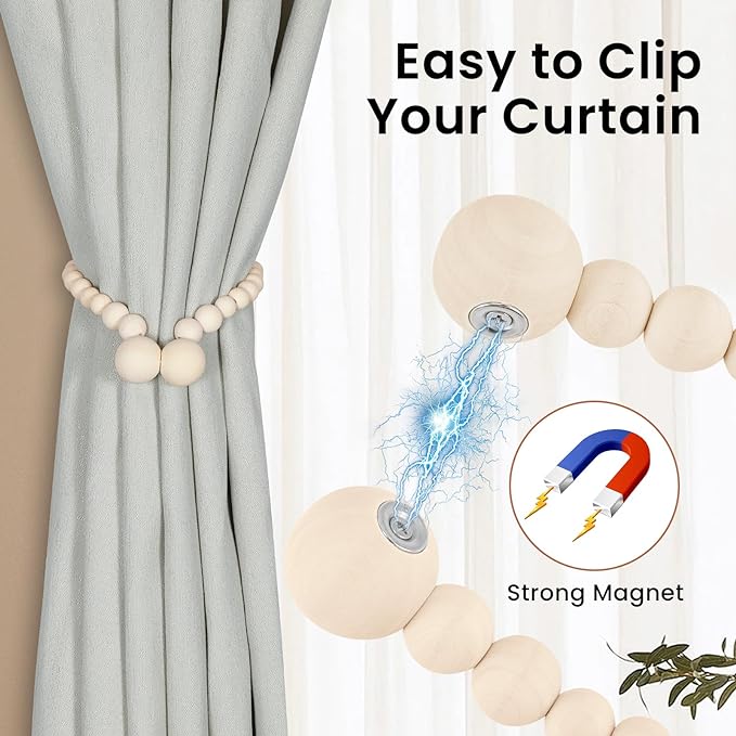 KLOGTSIND Magnetic Curtain Tiebacks, Curtain Tie Backs for Curtains 6 Pack, Wood Bead Curtain Tiebacks, Curtain Holders for Boho Bedroom Decor, Baby Nursery Decor, Farmhouse Decor