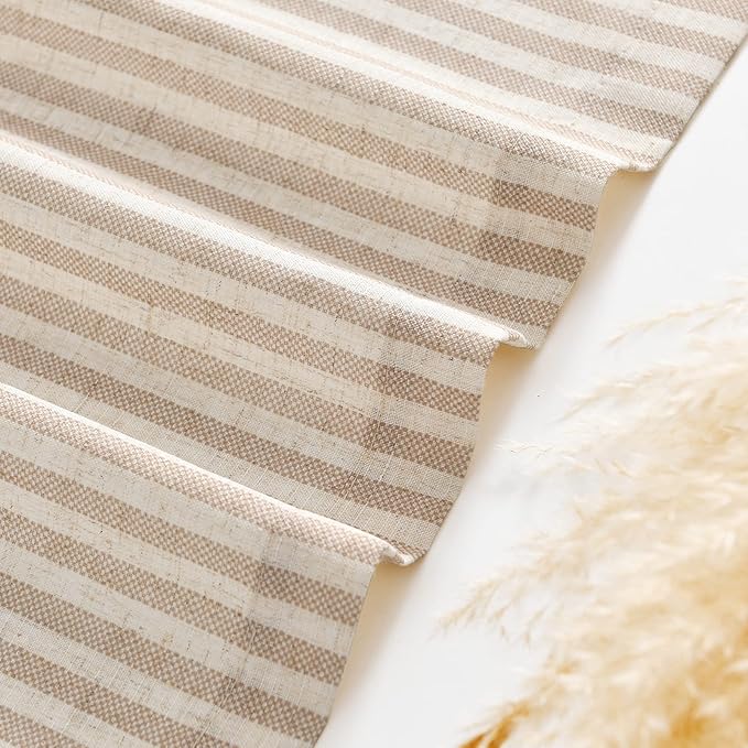 jinchan Tie Up Linen Textured Striped Bow Tie Curtain for Kitchen Bathroom Rod Pocket Pinstripe Valance Window Treatments Ticking Stripe Pull Cord Valance 1 Panel 18 Inch Tan on Linen