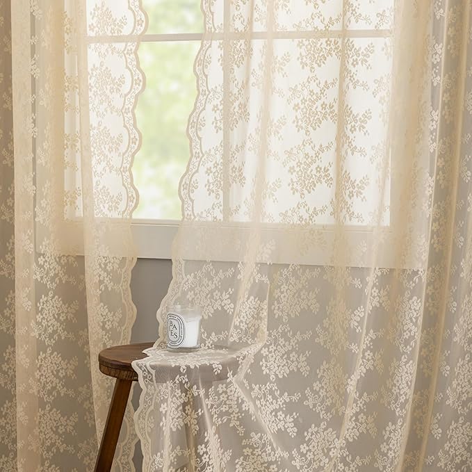 YJ YANJUN Vintage Lace Curtains 96 Inches Long-Victorian Floral Beige Sheer Curtains for Living Room Office Bedroom Light Filtering Embroidered Window Treatment Spring Summer Decor 8 FT 52Wx96L