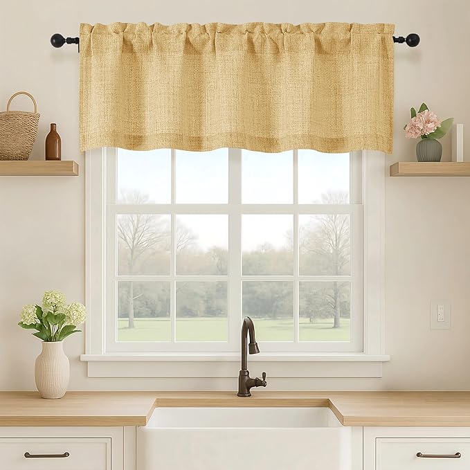 OVZME Valance for Windows, Light Filtering Faux Linen Textured Small Short Valance Kitchen Curtain, Dual Rod Pocket Top Short Window Curtain for Bathroom Basement Farmhouse, 52Wx16L Inch, Gold