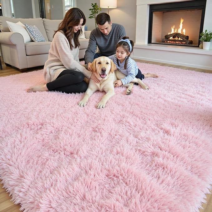 Area Rugs 9x12 Living Room, Pink Large Area Rug Shag Shaggy Carpet Soft Plush Furry Bedside Rug, Machine Washable Area Rugs for Bedroom Kids Girls Boys Home Decor Anti Slip(9 x 12, Pink)