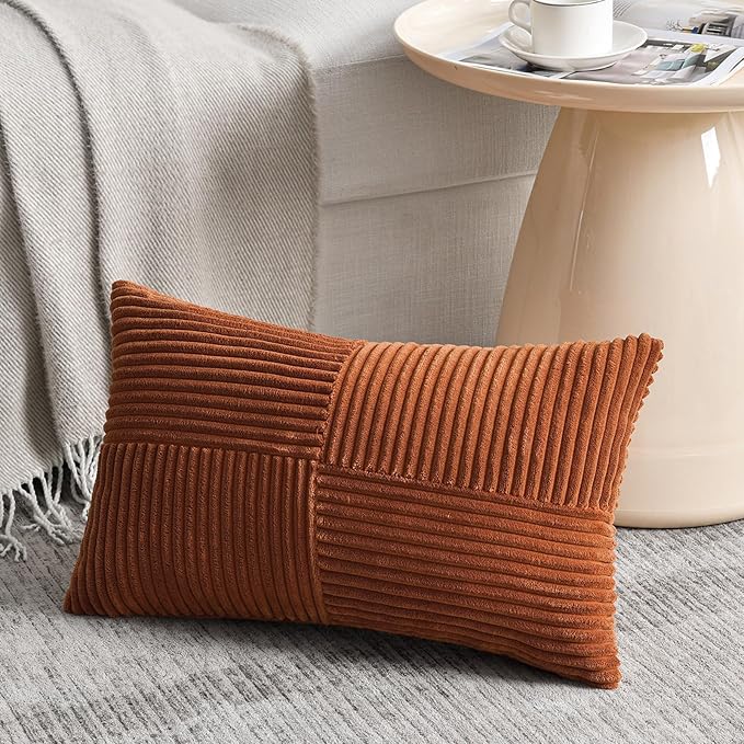 Fancy Homi 2 Packs Rust Lumbar Decorative Throw Pillow Covers 16x26 Inch for Living Room Couch Bed Sofa, Rustic Farmhouse Boho Home Decor, Soft Striped Corduroy Rectangle Accent Cushion Case 65x40 cm