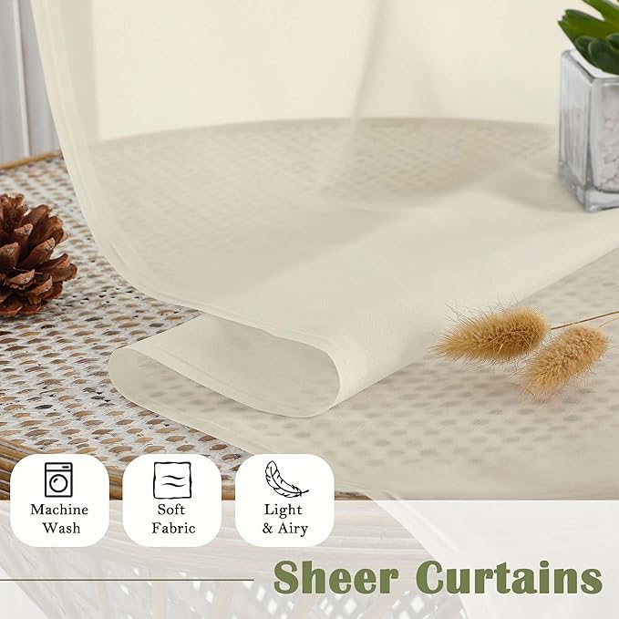 Lecloud Cream Sheer Curtains 63 Inch Length 2 Panels, Rod Pocket Light Filtering Bedroom Curtains for Living Room, Window Treatments Solid Voile Drapes for Bathroom, Each Panel 59" W x 63" L