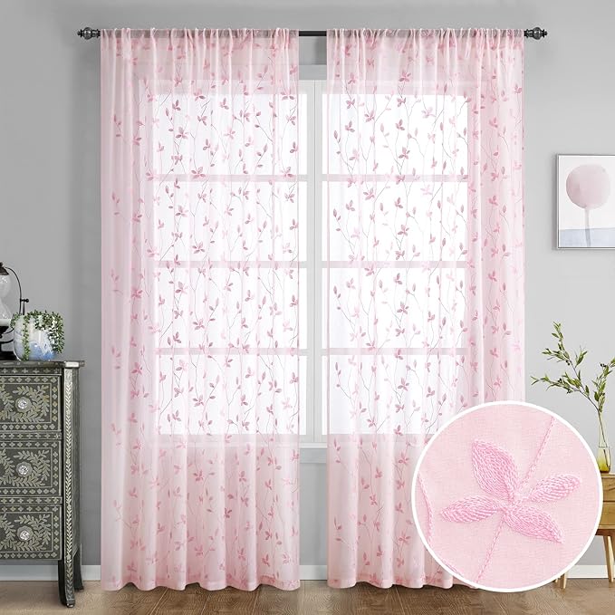 HOMEIDEAS Pink Sheer Curtains 52 X 84 Inches Length 2 Panels Embroidered Vine Floral Pattern Pocket Faux Linen Semi Sheer Voile Window Drapes for Bedroom Living Room
