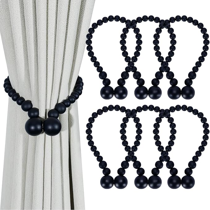 KLOGTSIND Magnetic Curtain Tiebacks, Curtain Tie Backs for Curtains 6 Pack, Wood Bead Curtain Tiebacks, Curtain Holders for Boho Bedroom Decor, Baby Nursery Decor, Farmhouse Decor