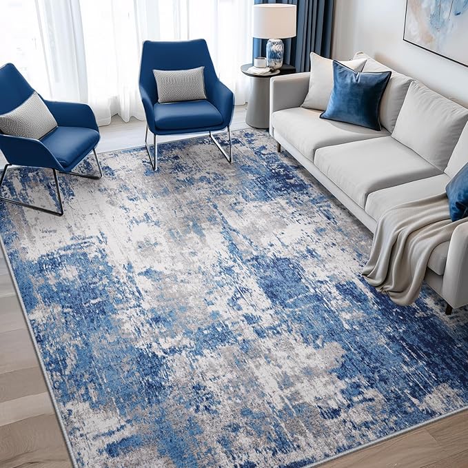 Washable Area Rugs 4'x5' Non-Slip Modern Abstract Soft for Living Room Entryway Bedroom Nursery, Print Pattern, Blue Grey Navy Gray