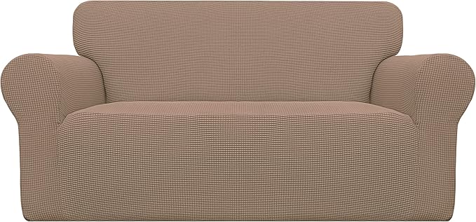 Easy-Going Stretch Oversized Loveseat Slipcover 1-Piece Sofa Cover Furniture Protector Couch Soft with Elastic Bottom for Kids Polyester Spandex Jacquard Fabric Small Checks Camel