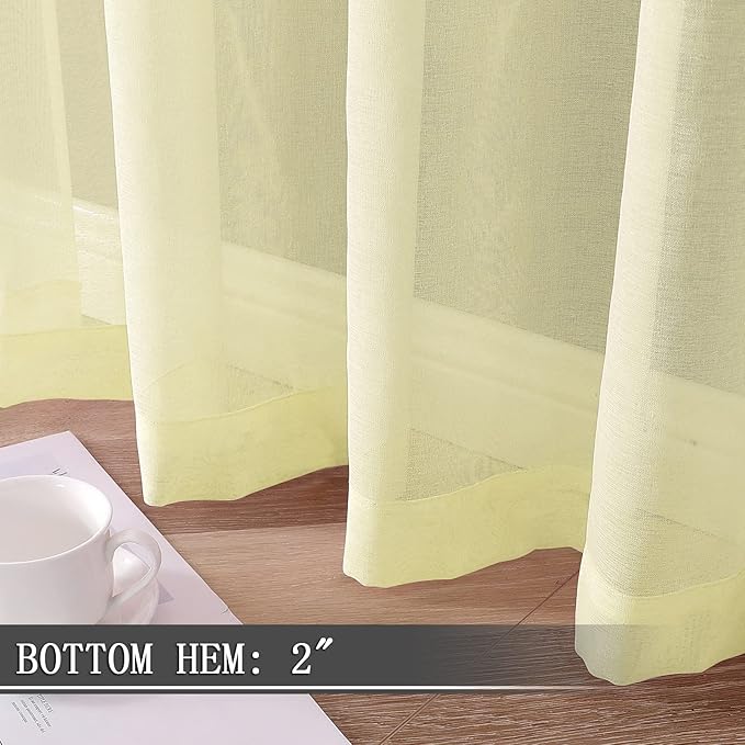 Tollpiz Sheer Curtain Linen Textured Living Room Curtains Sheer Light Filtering Rod Pocket Voile Curtain for Bedroom, 54 x 72 inches Long, Transparent Yellow, Set of 2 Panels