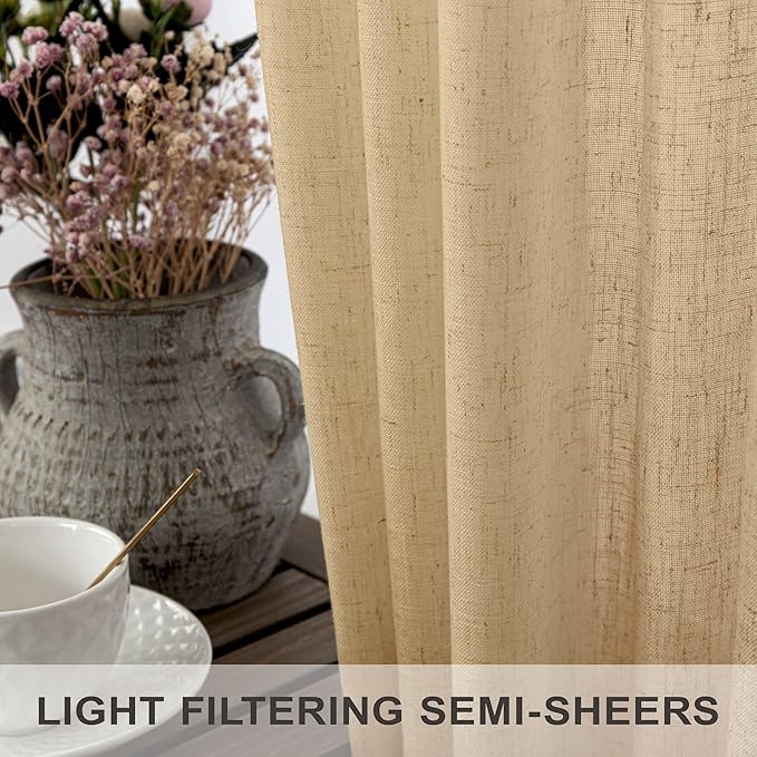 Tan Linen Curtains 90 Inch Length for Living Room Dining 2 Panels Set Back Tab Pocket Light Filtering Sheer Taupe Brown Mocha Coffee Color Drape for Bedroom Home Office Burlap Vintage Decor 52x90 Long