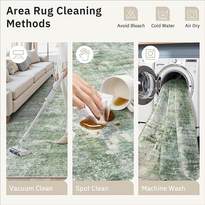 Soalmost Area Rugs 4x6 for Living Room, Vintage Washable Rugs for Dining Room, Kitchen, Non-Slip Area Rug Green Ivory