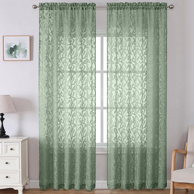 Lecloud Leia Sage Green Sheer Curtains 108 Inches Long 2 Panels, Airy Jacquard Leaf Textured Voile Curtains, Gauzy Aesthetic Drapes with Dual Rod Pockets for Living Room Bedroom, Each 52" W x 108" L