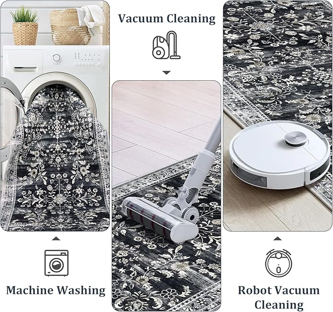 Yamaziot Washable Runner Rug 2x6 – Non Slip Boho Floral Hallway Runner Rug with Rubber Backing,Low Pile Faux Wool Distressed Carpet for Kitchen, Laundry, Bedroom, Entrance, Navy/Black