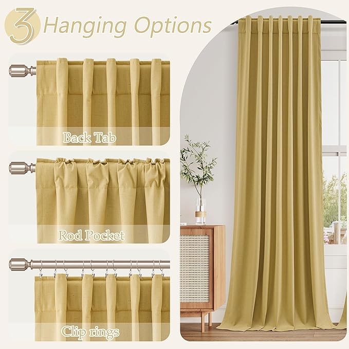 Gold 100% Blackout Linen Curtains 84 Inch Length 2 Panels Set for Living Room Bedroom Back Tab Thermal Insulated Black Out Drapes Room Darkening Farmhouse Style for Bedroom Window Curtains 52x84