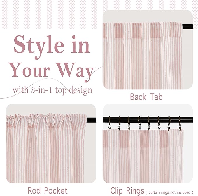 RYB HOME Cafe Striped Curtains for Kitchen Bathroom Small Window, Linen Pinstripe Drapes Valance 36 inch Length for Living Room Short Tier Boho Rustic Farmhouse, Pink, W26 x L36, 2 Panels