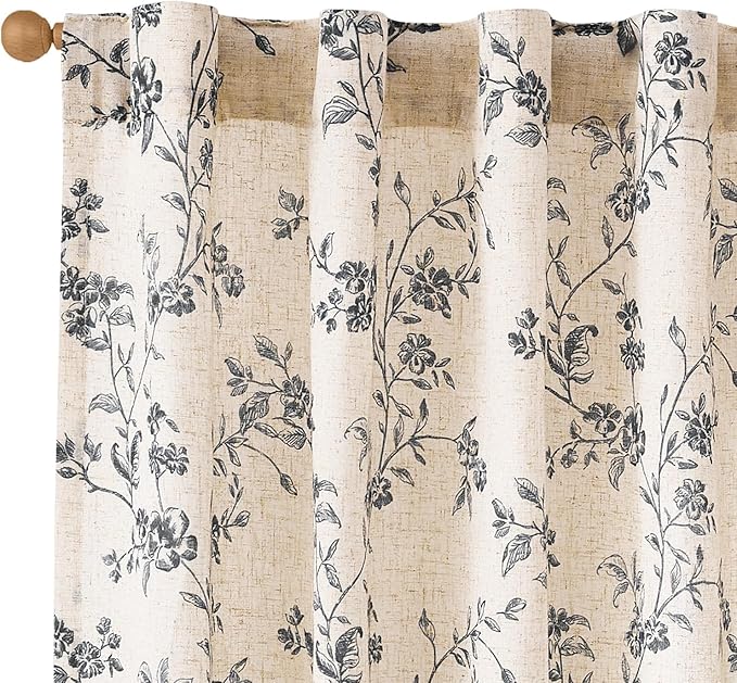 Lazzzy Black Floral Linen Curtains 63 Inch Farmhouse Back Tab Drapes for Living Room Bedroom Light Filtering Vintage Grandmillennial Rod Pocket Curtains, 2 Panels, W38 x L63, Black on Beige