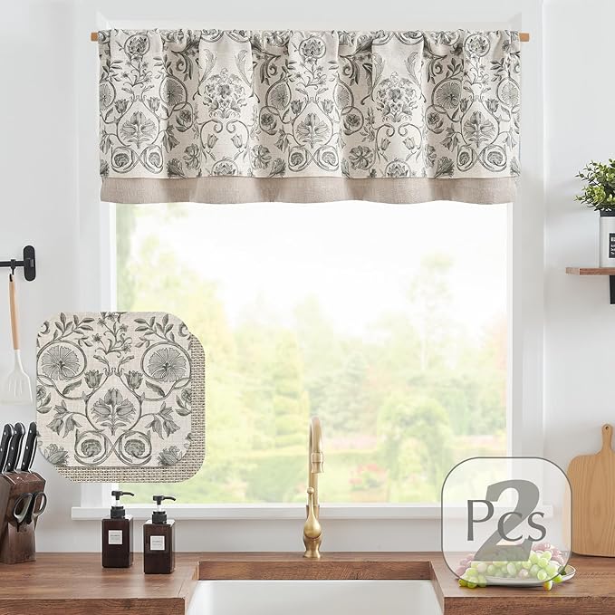 jinchan Linen Valance Kitchen Curtain Pack of 2 Double Layer 18 Inch for Living Room Bedroom Window Treatment Light Filtering Vintage Farmhouse Cottagecore Rod Pocket 2 Panels Grey on Beige