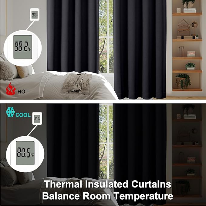 Simplebrand Ava Halloween Black Blackout Curtains for Bedroom 96 Inches Long 2 Panels, Solid Thermal Insulated, Energy Saving Living Room Window Treatment Curtains Blackout Drapes, W50 x L96 Inch