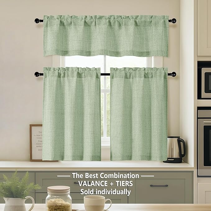 OVZME Valance for Windows, Light Filtering Faux Linen Textured Small Short Valance Kitchen Curtain, Dual Rod Pocket Top Short Window Curtain for Bathroom Basement Farmhouse, 52Wx16L Inch, Sage Green