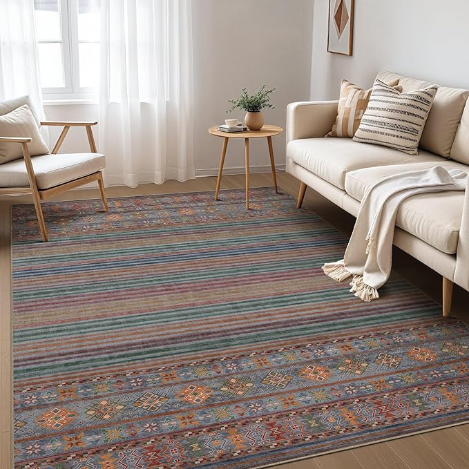 Nakagishi 7X9 Area Rugs Living Room: Washable Large Vintage Rug Neutral Non-Slip Soft Stain Resistant Indoor Carpet for Bedroom Nursery Dining Room Office Playroom - Multi Color