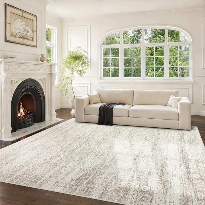 Washable Rugs 9x12 Area Rugs for Living Room,Rugs for Bedroom, Large Carpets,Ultra Soft Faux Wool Retro Dining Room Rug,Non Slip&Non-Shedding Low Pile Vintage Print Rug Indoor for Home Office