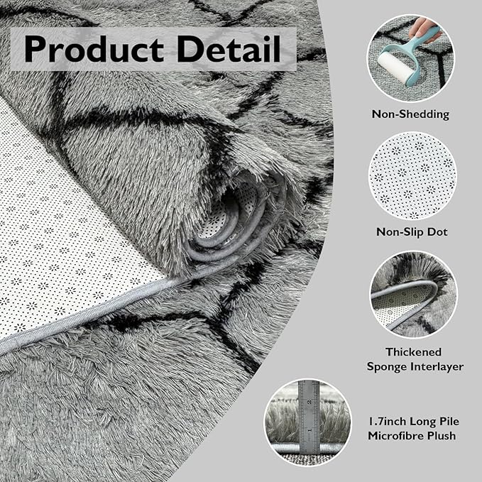 Shag Area Rug for Bedroom 4x6,Fluffy Area Rugs for Living Room,Geometric Soft Fuzzy Rug Non-Shedding Indoor Plush Carpet for Kids Bedroom Nursery Dorm Home,Grey and Black