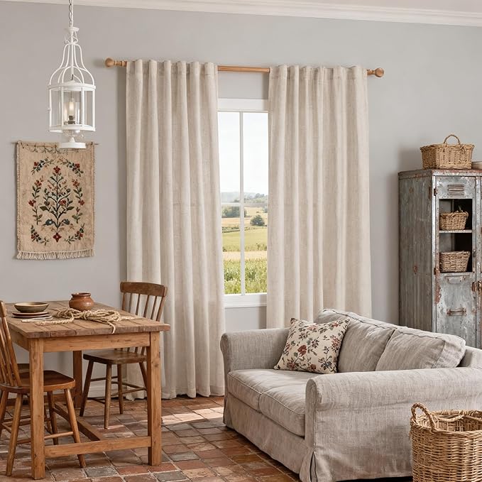 MYSKY HOME 90 Inches Long Curtains for Living Room, Semi Sheer Curtains & Drapes 2 Panels Set Natural Linen Curtain Farmhouse Country Style Back Tab Draperies for Sliding Glass Door, 50" Wide