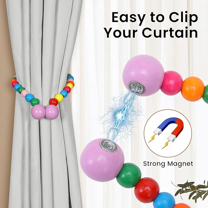 KLOGTSIND Magnetic Curtain Tiebacks, Curtain Tie Backs for Curtains 4 Pack, Wood Bead Curtain Tiebacks, Curtain Holders for Boho Bedroom Decor, Baby Nursery Decor, Farmhouse Décor