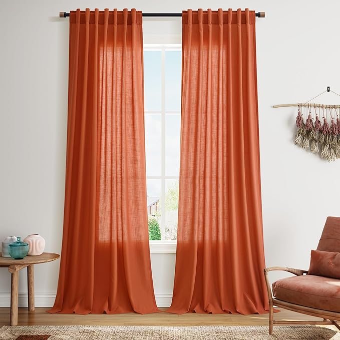 Nanspring Bright Orange Linen Blend Light Filtering Back Tab Curtains 102 Inches Long, Semi Sheer Privacy Drapes for Living Room & Bedroom, 52x102 inch, 2 Panels