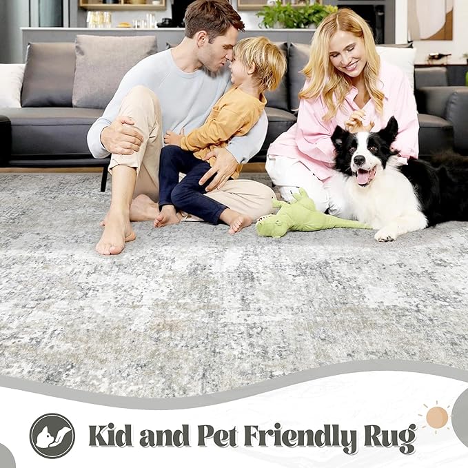 XLUEZ 5x7 Area Rugs for Living Room, Washable Modern Abstract Large Area Rug Neutral Soft Non Slip Kids Rug Stain Resistant Indoor Carpet for Bedroom Nursery Dining Room Playroom(BeigeGrey, 5'x7')