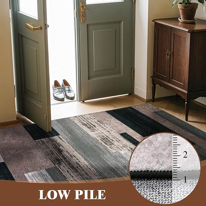 LIANLAM 3x5 Washable Area Rugs for Living Room and Bedroom, Vintage Checkered Pattern Non-Slip Carpet, Stain Resistant Low Pile Soft Rug for Dining Room,Office,Nursery,Kids Room(3x5,Chocolate)