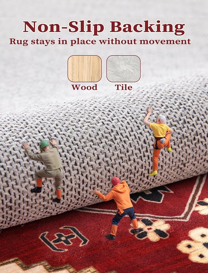 SERISSA Boho Washable Runner Rug, 2x5 Rug Runner Non-Slip Vintage Red Black Hallway Kitchen Runner Rug Ultra Soft Print Distressed Floor Carpet Runner for Bedroom Bathroom Laundry Living Room